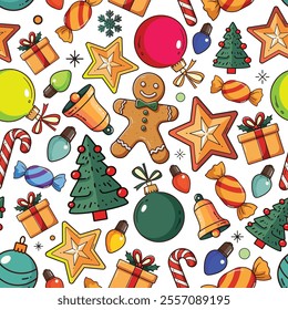 christmas pattern art with gingerbread men candy canes and festive decor