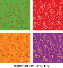 Christmas pattern background. Abstract vector seamless wallpaper with holidays elements on red, green, purple, orange background. 