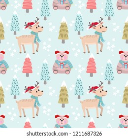  Christmas pattern background with bear and deer.