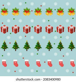 Christmas pattern background. bell, gift, tree and sock. for wallpaper, decoration and others