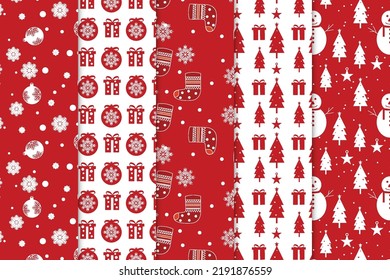 Christmas pattern background bundle with red and white backgrounds. Christmas seamless pattern collection with decoration balls and socks. Abstract pattern set design for wrapping paper and bed sheets