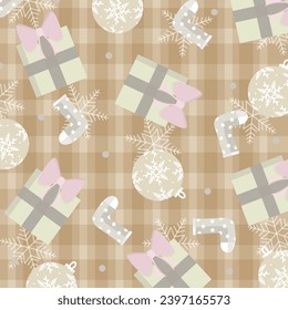 Christmas pattern background, cute, brown tone, wallpaper, gifts, shoes, snow