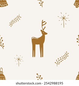 Christmas pattern background with cute hand drawn gold deer and Christmas decorations. Vector seamless pattern. Trendy print for textiles, wallpaper and packaging. Perfect for holiday decorations.
