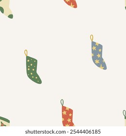 Christmas pattern background with cute hand drawn christmas socks. Red and green vector seamless pattern. Trendy print for textiles, wallpaper and packaging. Perfect for holiday decorations.