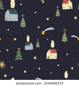 Christmas pattern background with cute hand drawn  cozy houses, stars, Christmas tree. Vector seamless pattern. Trendy print for textiles, wallpaper and packaging. Perfect for holiday decorations.