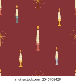 Christmas pattern background with cute hand drawn candles and stars. Vector seamless pattern. Trendy print for textiles, wallpaper and packaging. Perfect for holiday decorations.