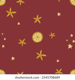 Christmas pattern background with cute hand drawn orange slices, stars and star anise. Vector mulled wine pattern. Trendy print for textiles, wallpaper and packaging. Perfect for holiday decorations.