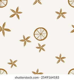 Christmas pattern background with cute hand drawn gold orange slices and star anise. Vector mulled wine pattern. Trendy winter print for wallpaper and packaging. Perfect for holiday decorations.