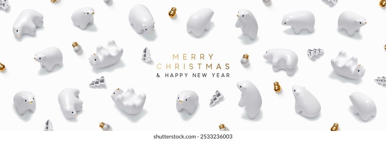 Christmas pattern background with cute white polar bears, silver metal chrome colors pine trees and golden ornaments ball. Realistic 3d cartoon style. Vector illustration