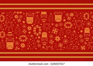 Christmas pattern or background with elements such as rosca de reyes, nutcrackers, piñatas and poinsettia flowers.