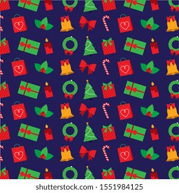 christmas pattern background with gift bow bell tree mistletoe . vector illustration