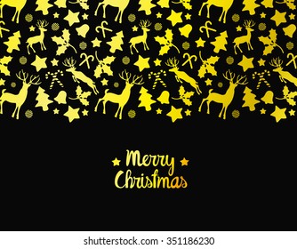 Christmas pattern background with  gold reindeer and holly, bell, canes shapes.Merry christmas.
