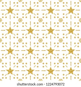 Christmas pattern background with golden glittering snowflakes and stars, vector illustration