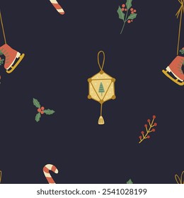 Christmas pattern background with hand drawn vintage Christmas decorations and ice skates Vector seamless pattern. Trendy print for textiles, wallpaper and packaging. Perfect for holiday decorations.