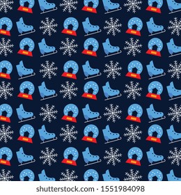 christmas pattern background with ice skates glass ball snowflakes . vector illustration