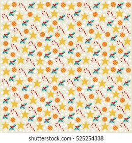 Christmas pattern. Christmas background. Perfecto for wrapping paper pattern. Pattern with snowball, christmas ball, caramel cane, star and holly. Vector illustration