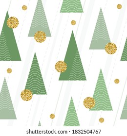 christmas pattern background with pine tree and golden glitter polka dot