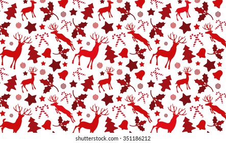 Christmas pattern background with  reindeer and holly, bell, canes shapes.Merry christmas.