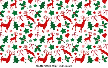 Christmas pattern background with  reindeer and holly, bell, canes shapes.Merry christmas.
