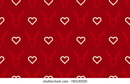 Christmas pattern background of seamless deer reindeer and heart embroidery. Vector red deer pattern background for winter holiday New Year greeting card of simple line pixel graphic design template