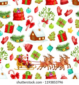 Christmas pattern background of winter holiday celebration symbols. Vector seamless design Xmas tree, Santa with New Year gifts on reindeer sleigh, mistletoe wreath and candy cane