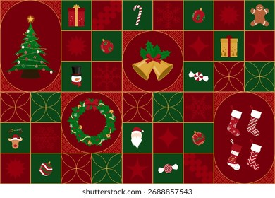 Padrão de Natal, fundo de Natal, papel de embrulho de Natal. Vermelho e verde bonito desenhos animados de luxo festivo para o festival, ano novo 2026, banner, cartão, papel de parede, cartaz, decoração, calendário, presente.  