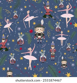 Christmas pattern with ballerinas, toy soldier, nutcracker, mouse king, stars, fir-tree branch, mistletoe and confetti.Endless vector texture on blue background.