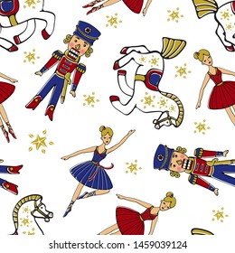 Christmas pattern with ballet dancers and nutcrackers. Elegant seamless background