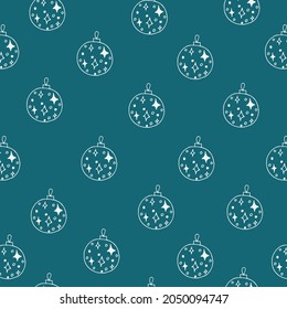 Patrón navideño con globos sobre fondo azul. Los garabatos son juguetes de Navidad. Fondo para bolsas de regalo, papel, tela.