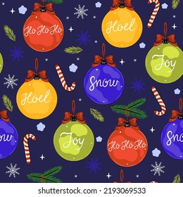 Christmas pattern with Christmas balls with inscriptions, snowflakes and candy canes. Vector graphics.