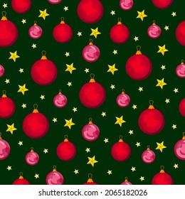 Patrón de Navidad con bolas de Navidad en un fondo verde. Acogedor arreglo floral de invierno.