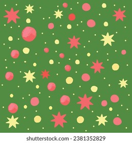 Christmas pattern of balls and stars on a green background. Perfect for print, packaging design, banner, postcard. Vector illustration.