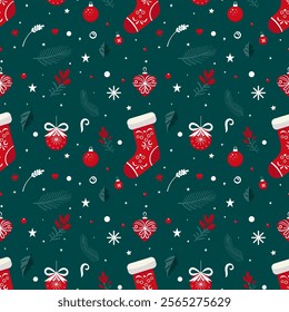 Christmas pattern with balls, sweets, snowflakes, socks on a blue background. Seamless background perfect for use in textiles, wallpapers, and festive decorations.