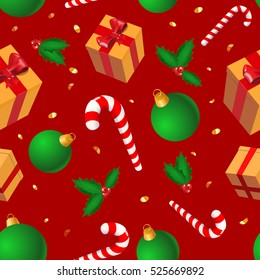 Christmas pattern, Christmas balls, yellow gifts, sweets, berries. European Holly  gold confetti.
