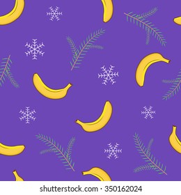 Christmas pattern with banana and snowflake on violet background. 