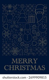 Christmas pattern. Christmas bauhaus. Christmas background. Minimal line on blue color with Santa Claus, pine tree, gift, reindeer, snowflake, geometric, nordic, modern, snowman for banner, postcard.