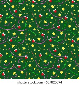 Christmas pattern with beans, balls, golden stars. Vector new year decorations seamless texture