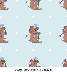 Christmas pattern bear goes on skis in winter forest vector background for children's book booklet flyer