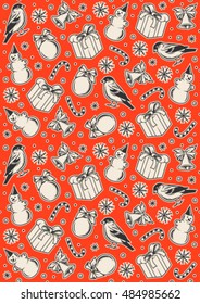 christmas pattern, bell, toy, candy, snowflake, bullfinch, snowman