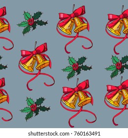 Christmas pattern bells and Holly, on a white background , vector illustration