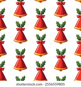 Christmas pattern with bells. Seamless pattern with Christmas bell. Red jingle bells background. Christmas repeating pattern decorations. Xmas background suitable for wallpaper, wrapping paper, fabric