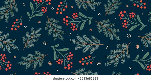 Christmas pattern with berries and branches of the Christmas tree