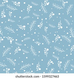 christmas pattern with berries and stars.  vector of fir with snow.