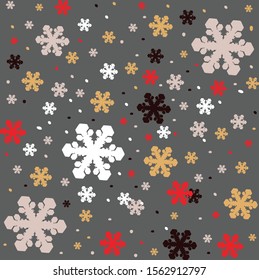 Christmas pattern of big and small snowflakes, multicolored on grey