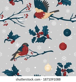 Christmas pattern with birds, branches and snowfall