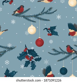 Patrón navideño con aves, ramas y nevadas