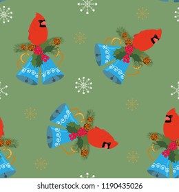 Christmas pattern with birds cardinal and bells on a green background. For decorating textiles, packaging, web design. Vector illustration.