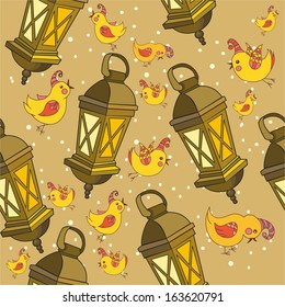 Christmas pattern with birds and lanterns