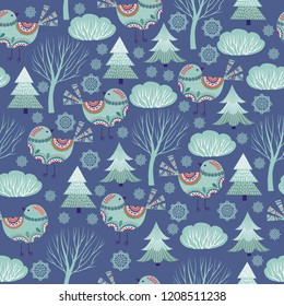 Christmas pattern with birds, trees and snowflakes on dark background, vector