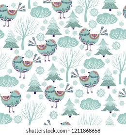Christmas pattern with birds, trees and snowflakes on dark background, vector
